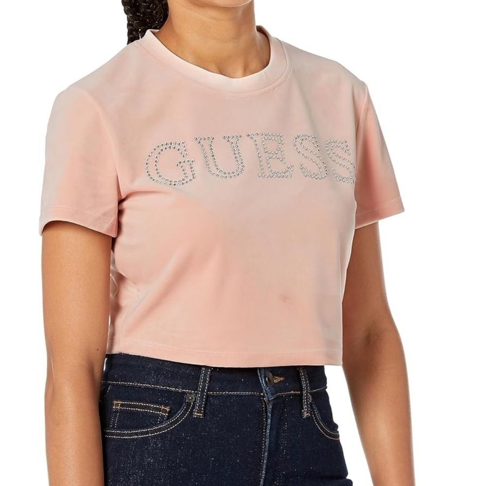 Guess Rhinestone Front Logo Powder Pink Velour Cropped Short Sleeve Shirt Size S